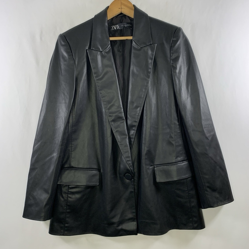 Zara Womens Vegan Leather Jacket Sz S Black Oversized Minimalist Chic